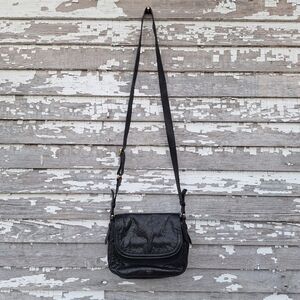 Fossil Peyton Double Flap Black Leather Crossbody bag Purse